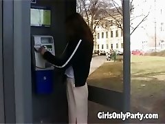 Two super sexy brunettes fingering their soft tight pussies in public