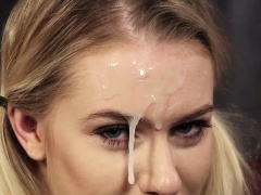 Horny bombshell gets cumshot on her face swallowing all the