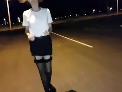 Hot babe in stockings gives in to her anal urges in public