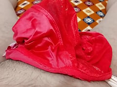 Relax and enjoy the girl's former employer's red and silky soft panties