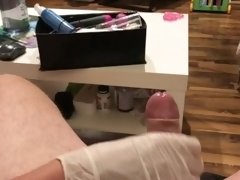 Wife gives sloppy handjob orgasm in doctor gloves