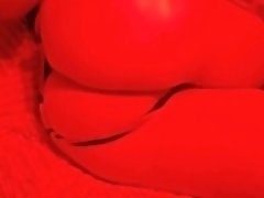 BBW white girl plays with butt plug while fucking herself in red room