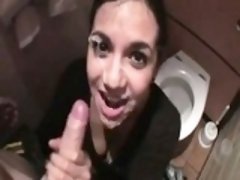 Cock-loving chick enjoys giving head in the bathroom and ta